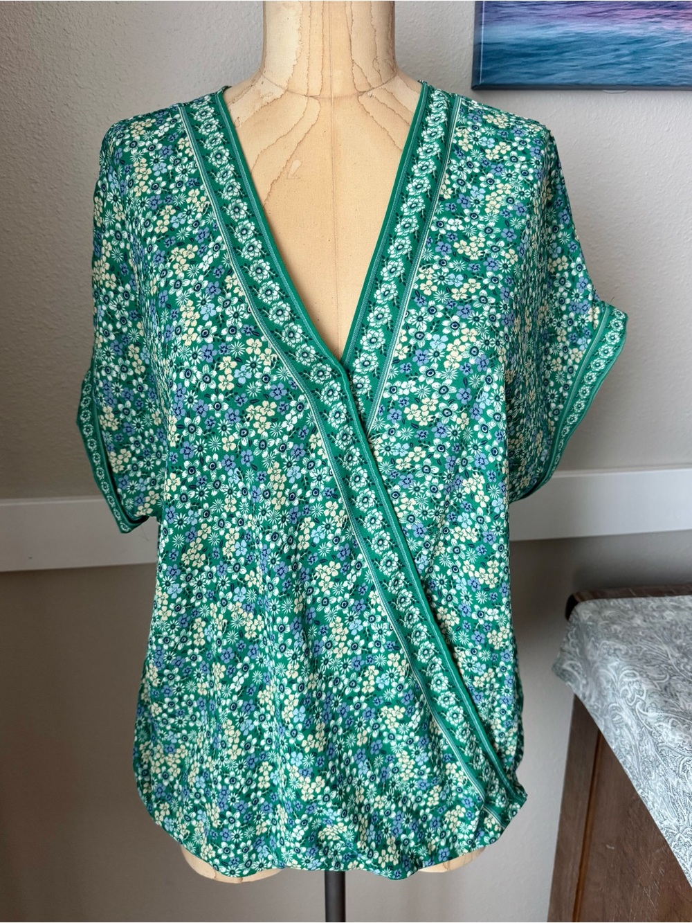 Max Studio Green Flowered Blouse, Size Large